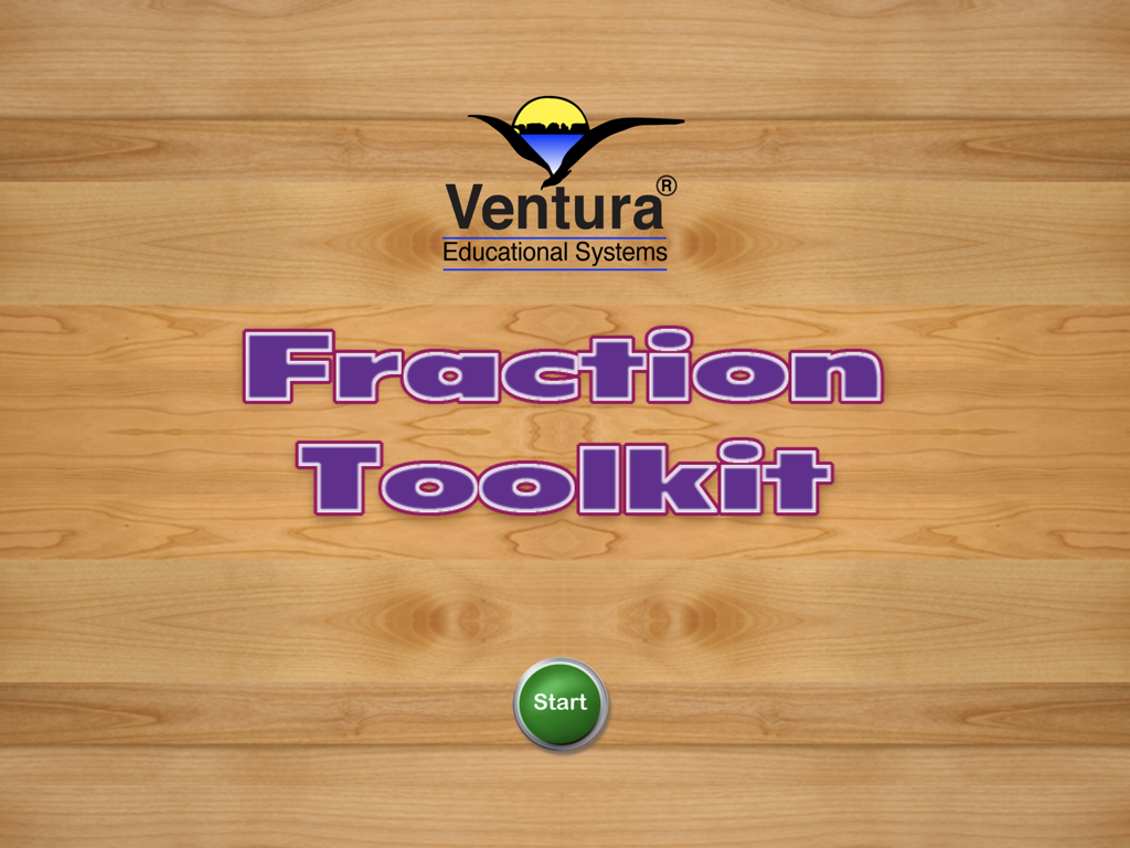 Fraction Toolkit - Start screen of the Fraction Toolkit educational app with a green start button and a wooden background.