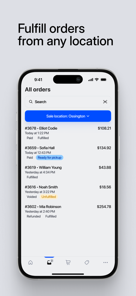 Shopify POSのモバイルビュー。出荷および支払いステータスを含む顧客注文リストが表示されています。