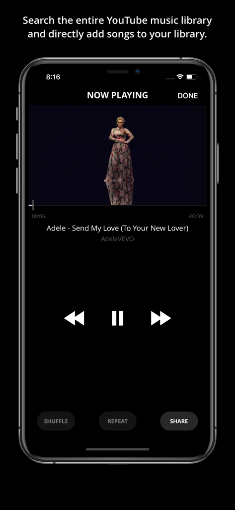 Écran de lecture en cours sur l'application Musictrax présentant un clip vidéo d'Adele et les commandes du lecteur