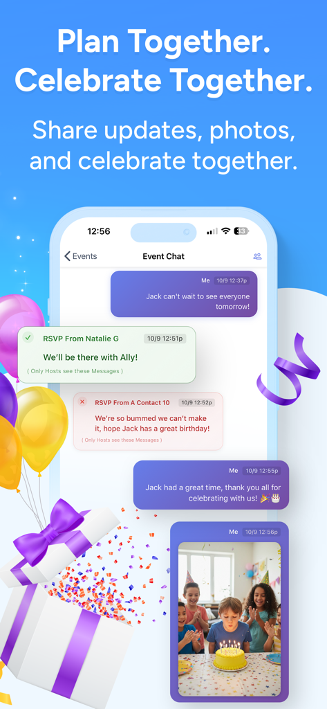 Eine mobile Oberfläche der Invitd-App, die einen Event-Chat mit Gast-RSVPs und einem Foto einer Geburtstagsparty zeigt