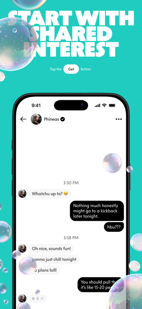 Mobile app screen of Soda showing a chat conversation between two friends about weekend plans