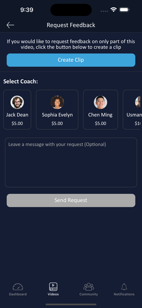 Live Sports AI - Interface for selecting a coach and requesting professional feedback on sports video clips.
