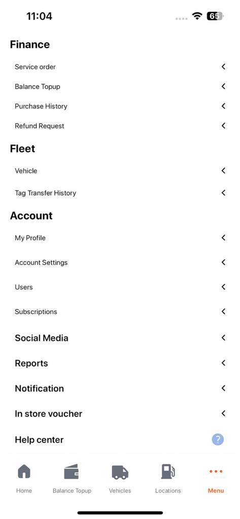 The menu navigation screen of the Aldrees petroleum and transport app showing finance fleet and account management options