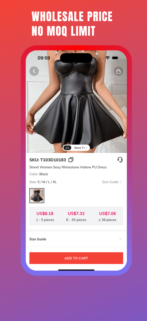 FashionTIY: Clothing Wholesale - FashionTIY app screen showing wholesale tiered pricing for a women's dress with no minimum order quantity