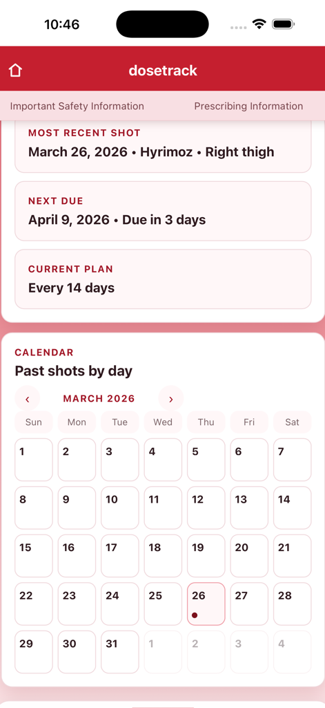 DoseTrack Injection Log - Mobile app dashboard with medication details and a calendar view for tracking injection history