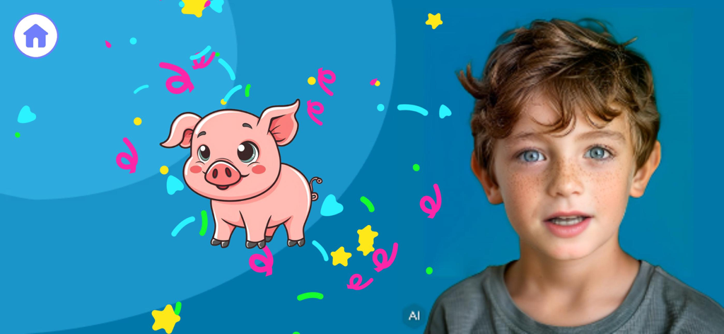 Um menino ao lado de um porco de desenho animado fofo na interface do aplicativo educacional Slimy Words