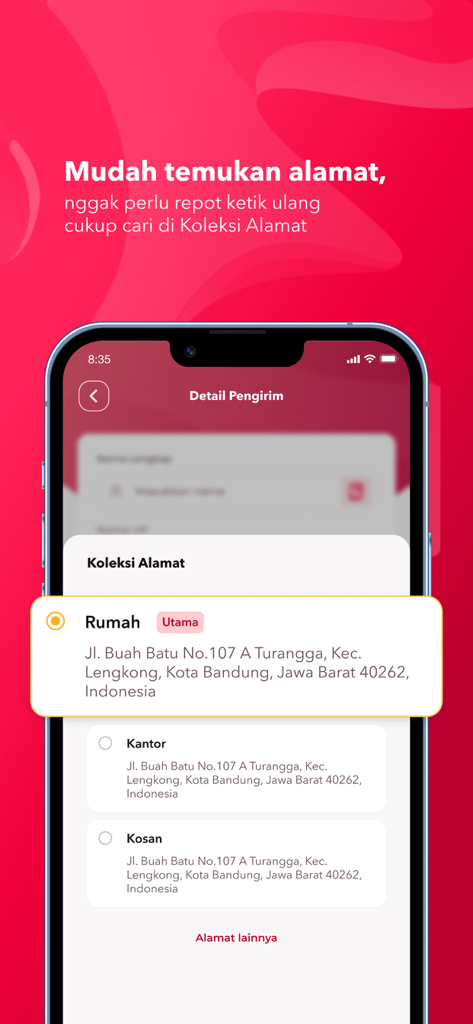 SiCepat Ekspres app interface showing the saved address collection for easy courier booking