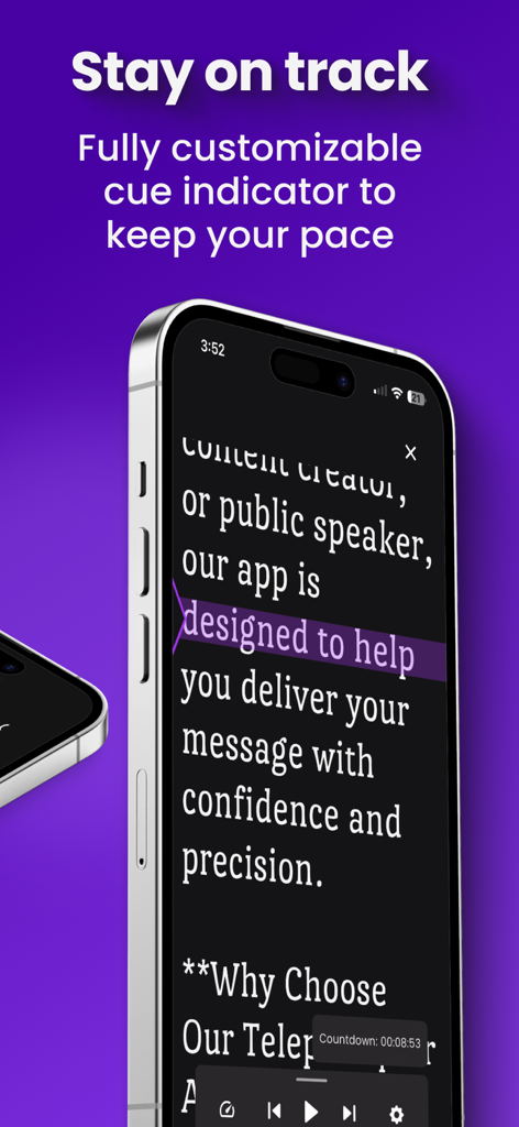 Smartphone exibindo um aplicativo de teleprompter com um indicador de sinalização destacado em roxo para ajudar os criadores de vídeo a manterem seu ritmo de fala
