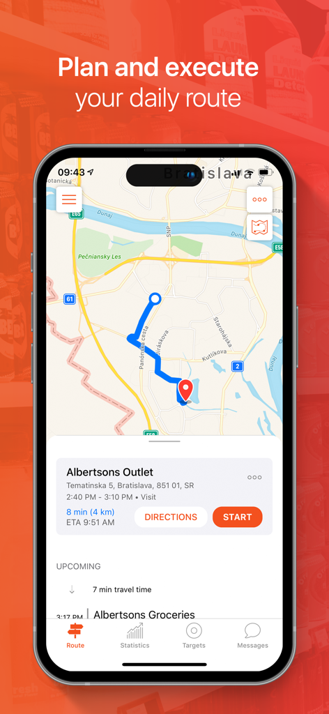 Eine mobile App-Oberfläche, die eine Karte mit einer geplanten Reiseroute zu einem Einzelhandelsgeschäft für die Vertriebsplanung zeigt.