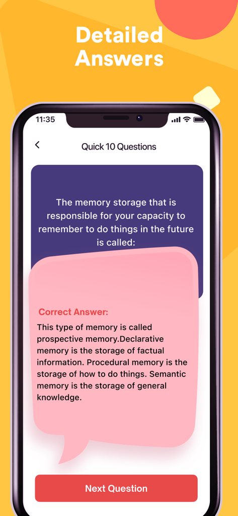 Screenshot of the EPPP Exam Prep app showing a practice question about memory with a detailed explanation for the correct answer.