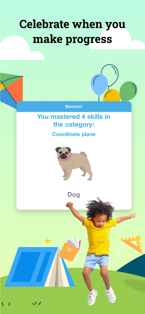 A child celebrating learning progress with a mastery award in the IXL app