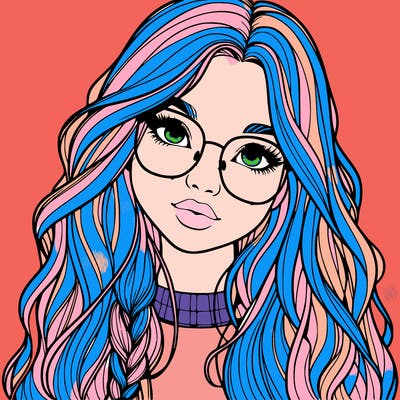 girl with long hair and freckles and glasses realistic