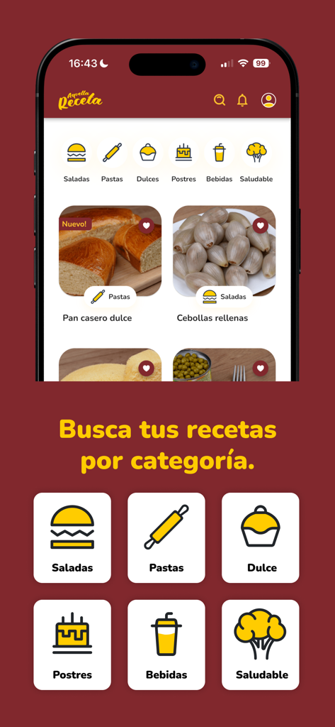 Aquella Receta - Pantalla de la aplicación Aquella Receta mostrando la búsqueda de recetas por categorías como saladas, pastas y postres.