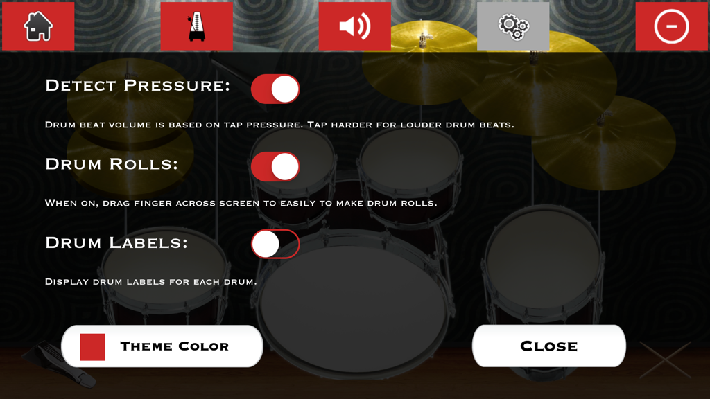 Drums with Beats - Settings menu of the Drums with Beats app showing options for pressure detection and drum rolls