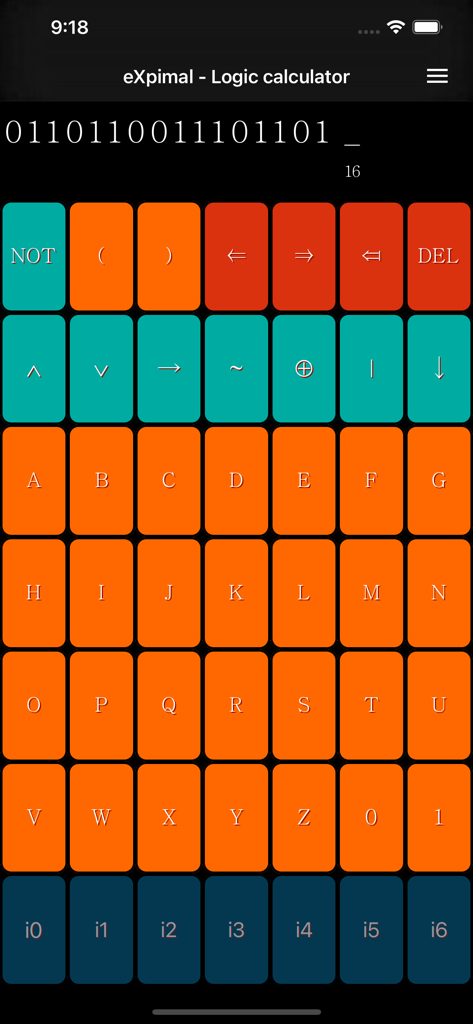 eXpimal - Logic calculator - Keyboard interface of the eXpimal logic calculator showing Boolean operators and variable buttons