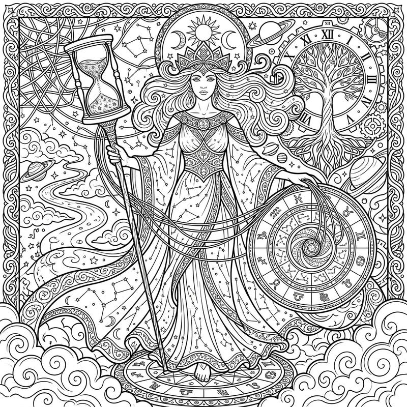 Dive into a universe of intricate beauty with this stunning coloring page featuring a celestial goddess. Adorned with symbols of time, destiny, and the cosmos, she invites you to bring her mystic world to life with your colors.