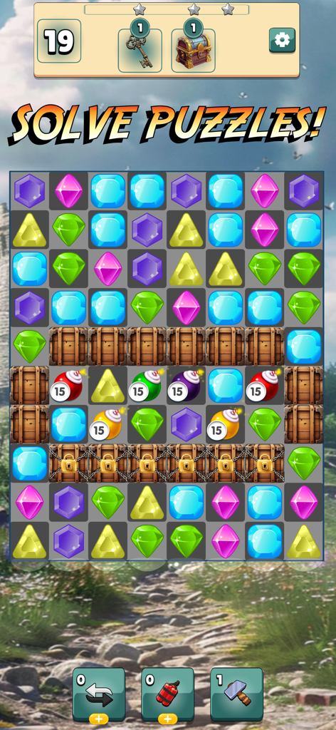 Tomb Trek Match & Merge - Gameplay screenshot showing a match-3 puzzle level in Tomb Trek with colorful gems and archaeological elements