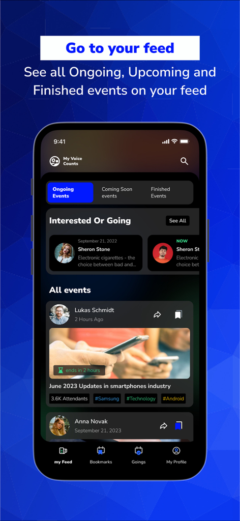MyVoiceCounts - Captura de pantalla de la aplicación MyVoiceCounts que muestra un feed personalizado de eventos cívicos en curso y próximos