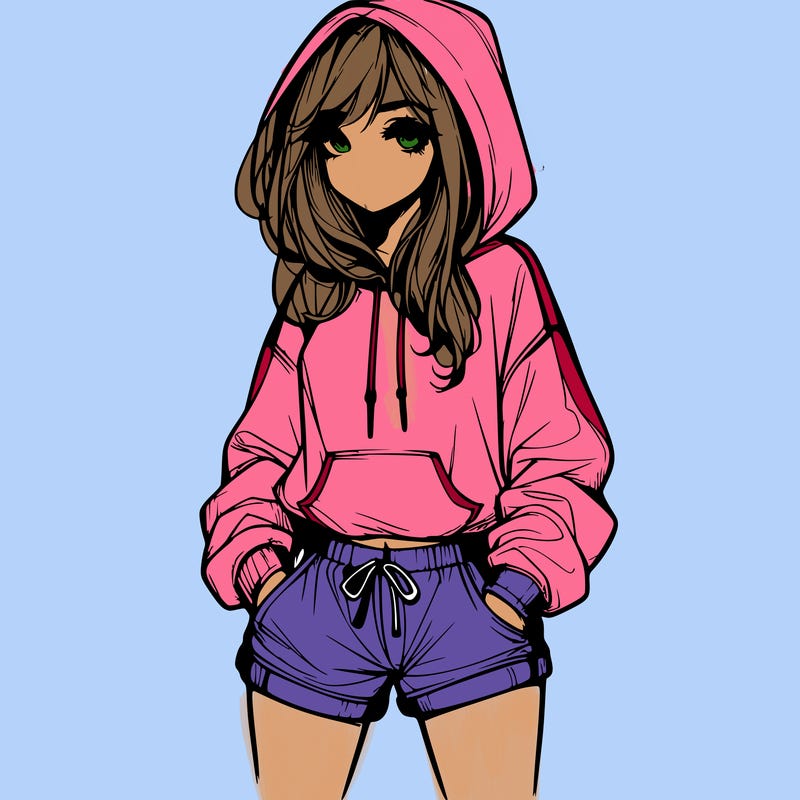 realistic girl in shorts and hoodie