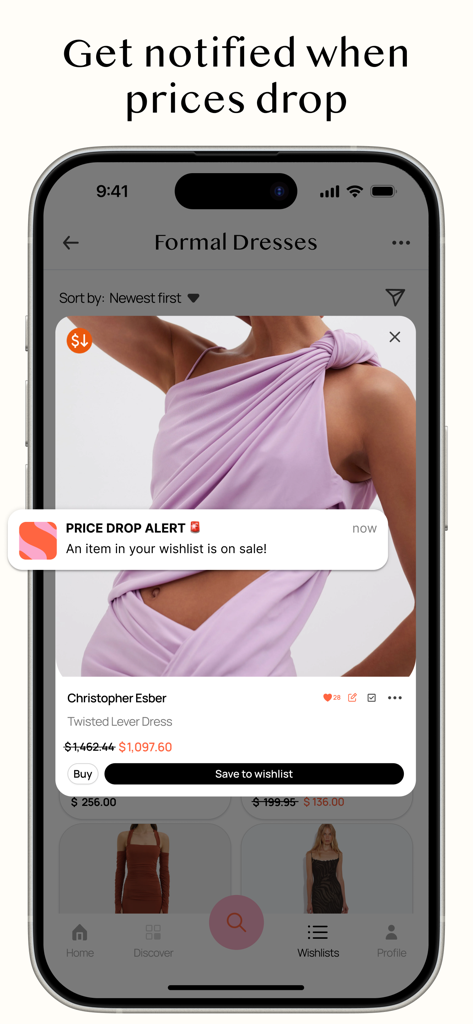 A smartphone showing a price drop notification for a wishlist item on the Sortd shopping app