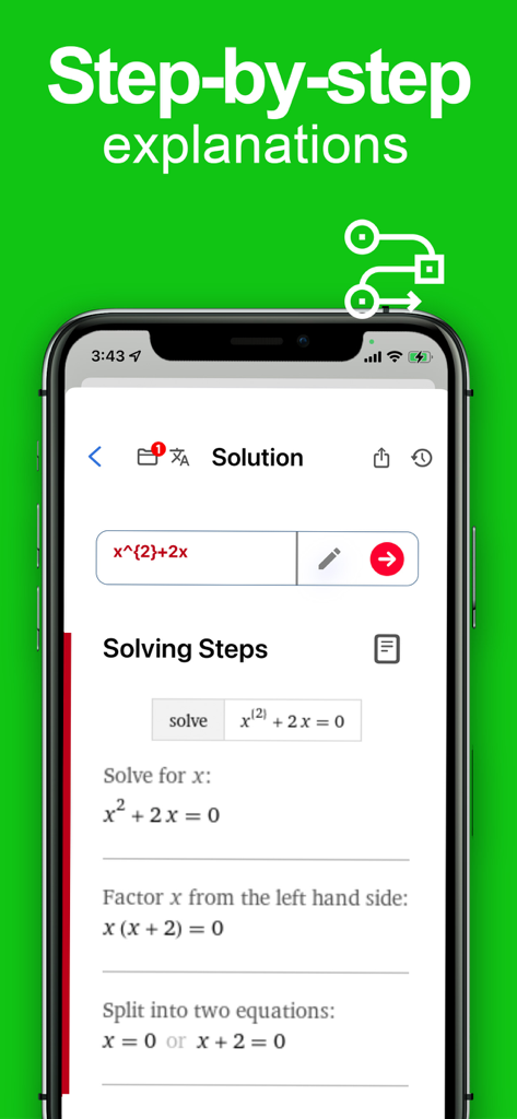 Math Solver Homework helper - Smartphone screen displaying step by step math problem solving steps for an algebra equation.