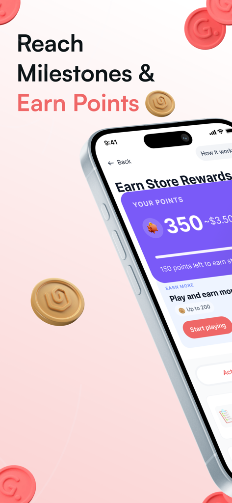 Gerald - Cash Advance - Mobile screen of Gerald app showing milestones and earned store rewards points