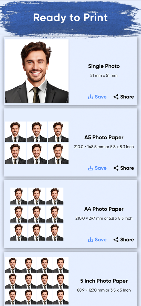 Passport photo maker - AI app - Interface showing multiple print layout options for passport photos including A4 and A5 sizes