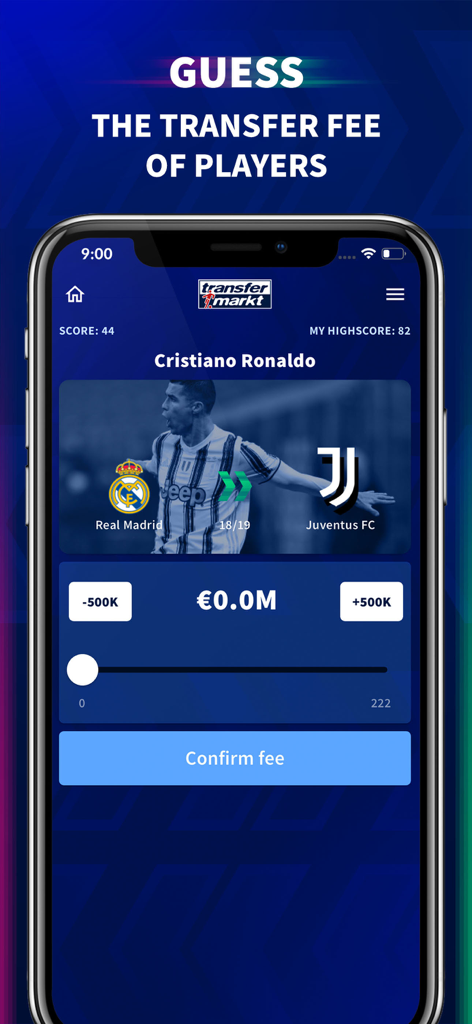 Interfaccia di gioco di Transfermarkt Football Quiz per indovinare la cifra del trasferimento di calciatori come Cristiano Ronaldo