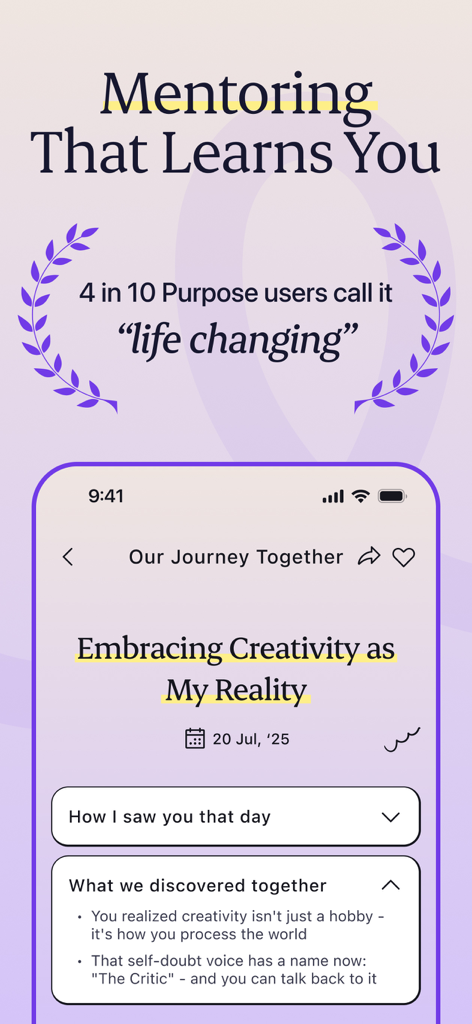 Purpose: Your AI Mentor - Interfaz de la aplicación de mentor IA Propósito que muestra información personalizada de crecimiento e hitos del viaje del usuario