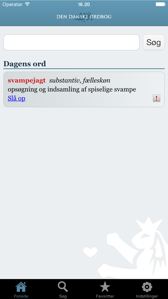 Den Danske Ordbog (DDO) - Home screen of the Den Danske Ordbog app showing the Danish Word of the Day and search bar.
