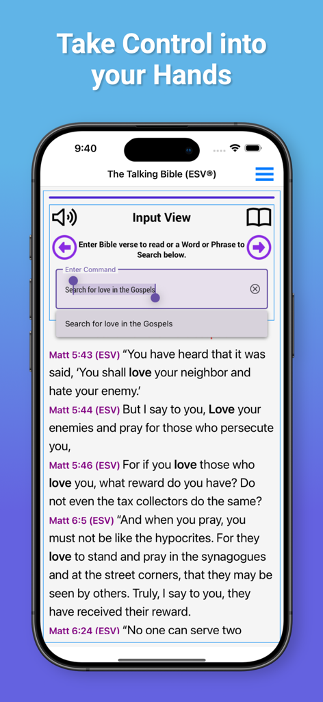 Talking Bible for The Blind - Talking Bible for The Blind search interface showing results for love in the Gospels