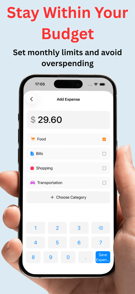 Budgetly - Personal Budget App - Manual expense entry screen in Budgetly app showing food category selection