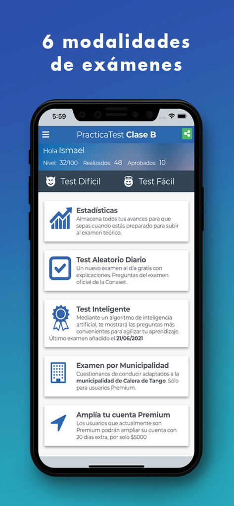 PracticaTest - Examen Conducir - スマートテストや進捗追跡を含む6つの運転免許試験モードを表示するモバイルアプリインターフェース