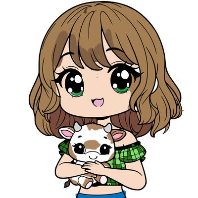 cute cow girl with a crop top on with baby cow in her arms