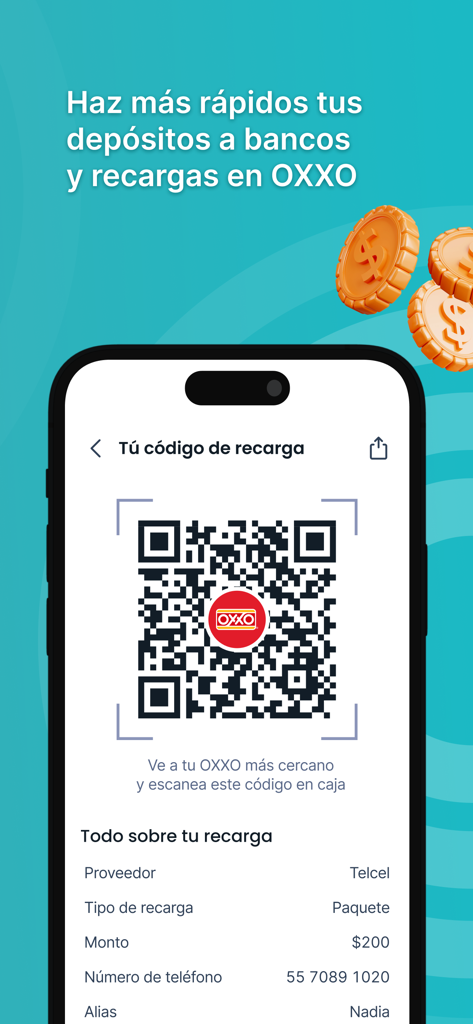 Pantalla de teléfono inteligente que muestra un código QR para recargas OXXO y depósitos bancarios en la aplicación Spin Premia