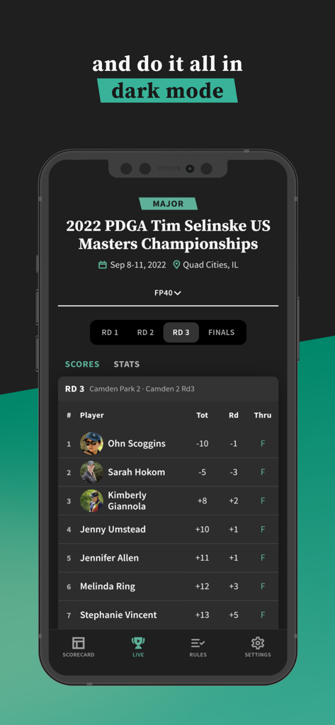PDGA Live - Leaderboard of a disc golf tournament championship on the PDGA Live app in dark mode