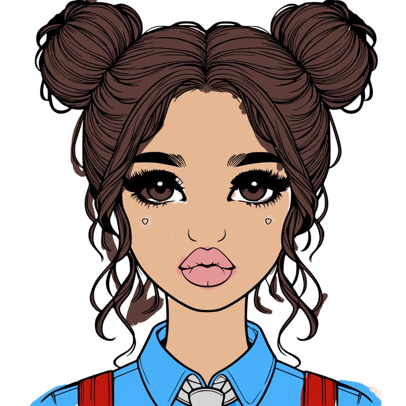 realistic girl with two buns and a uniform and lips