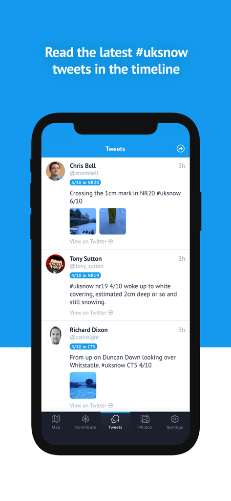 UK Snow Map - Timeline of crowdsourced snow reports and photos using the uksnow hashtag in the UK Snow Map app