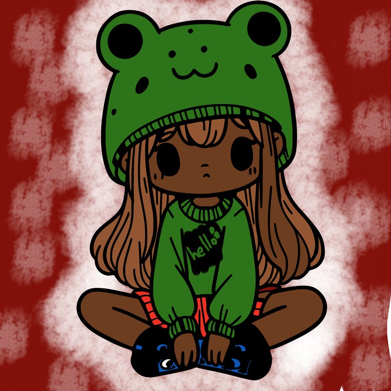 a girl wearing a frog hat and some frog socks