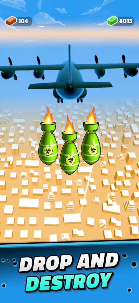Evolving Bombs! - Tres bombas de riesgo biológico cayendo de un avión sobre una ciudad en el juego Bombas en Evolución