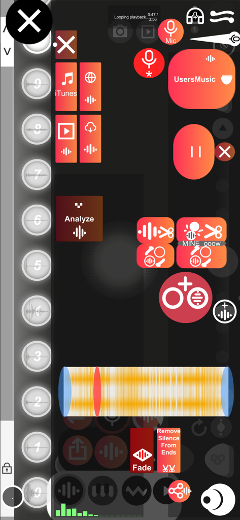 User interface of the BOCLAA augmented reality music production app showing audio waveforms and creative editing tools