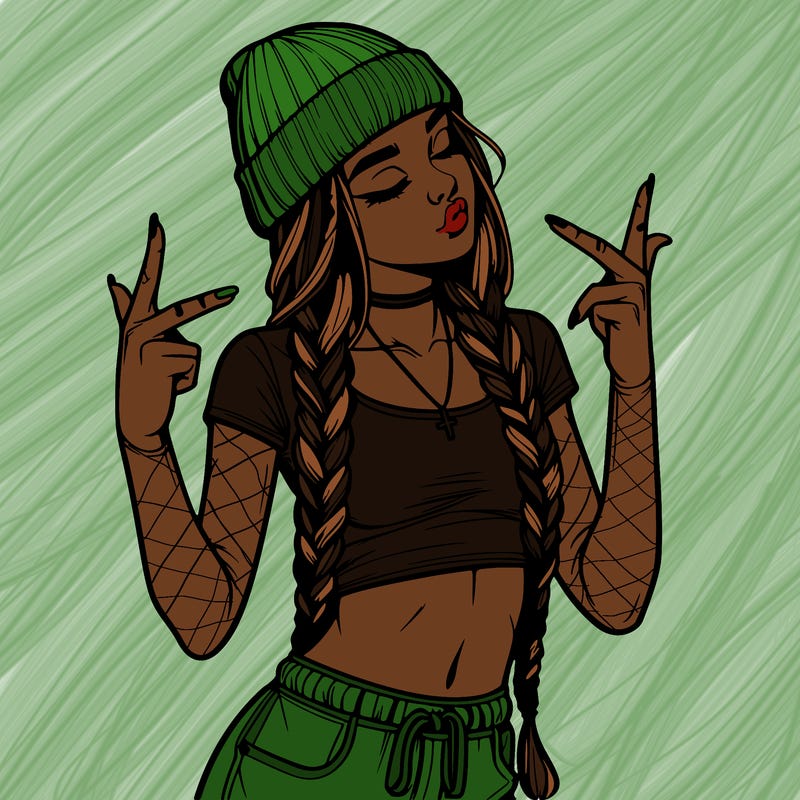 realistic teenage girl with braids and a beanie and crop top doing 🫶🏼