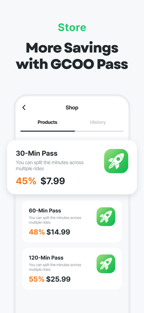 GCOO mobile app store screen displaying discounted ride passes including 30-minute, 60-minute, and 120-minute options.