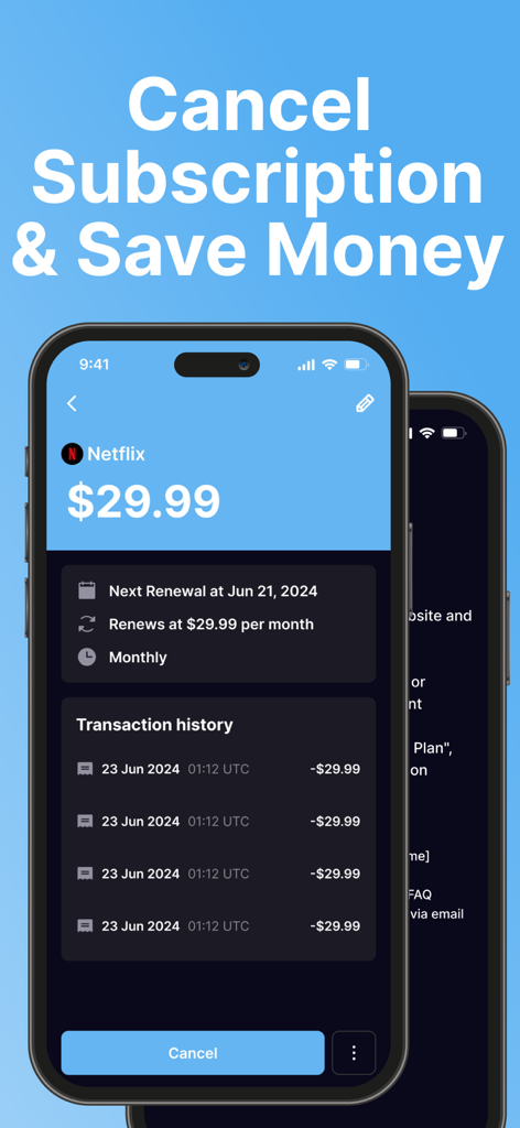 SubPilot app interface displaying a Netflix subscription management screen with a prominent cancel button