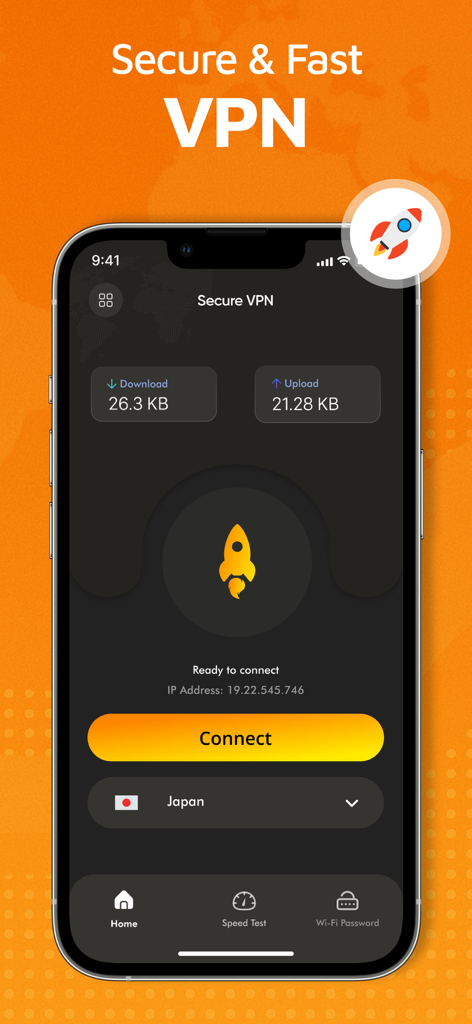 VPN: Secure Unlimited Proxy - Interface of the VPN Secure Unlimited Proxy app on an iPhone showing a one-tap connect button and server selection for Japan