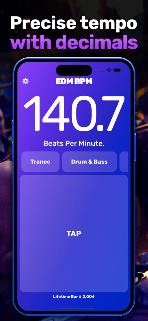 BPM Counter App ∎∎ EDM BPM - Screenshot des EDM BPM App-Interfaces mit einem präzisen Tempo von 140,7 Beats pro Minute mit Trance- und Drum-and-Bass-Genre-Tags.
