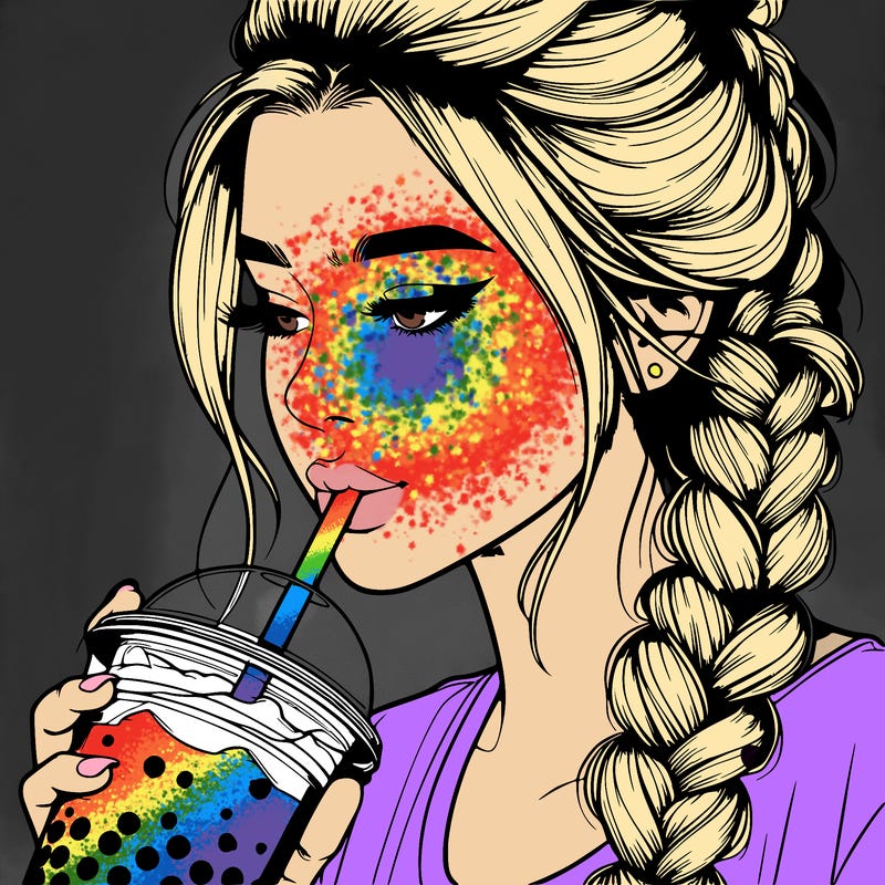 realistic girl drinking boba tea with braided hair