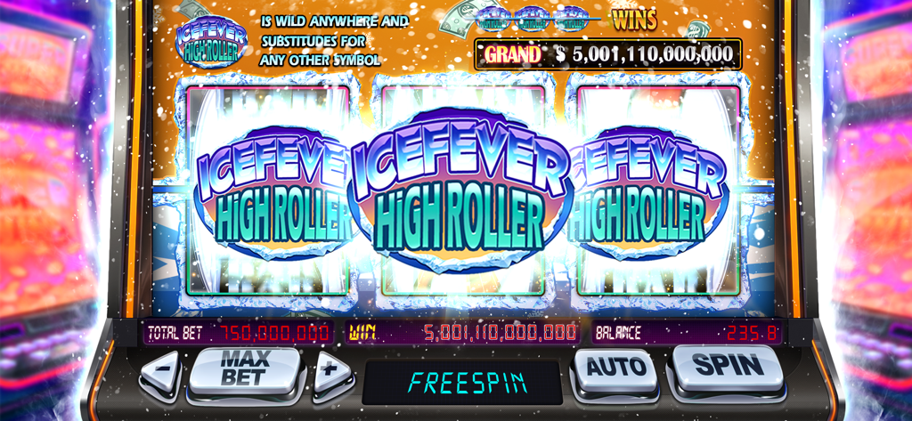 Pantalla del juego Lucky Hit Classic Casino Slots que muestra una enorme ganancia de jackpot en la máquina Ice Fever High Roller.