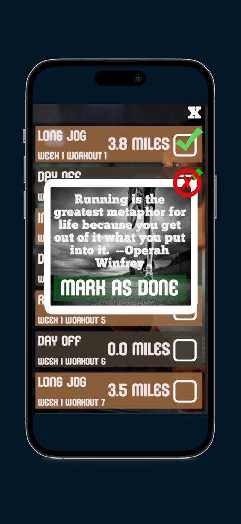 Interface of the Treadmill Trainer app showing a workout log and a motivational running quote