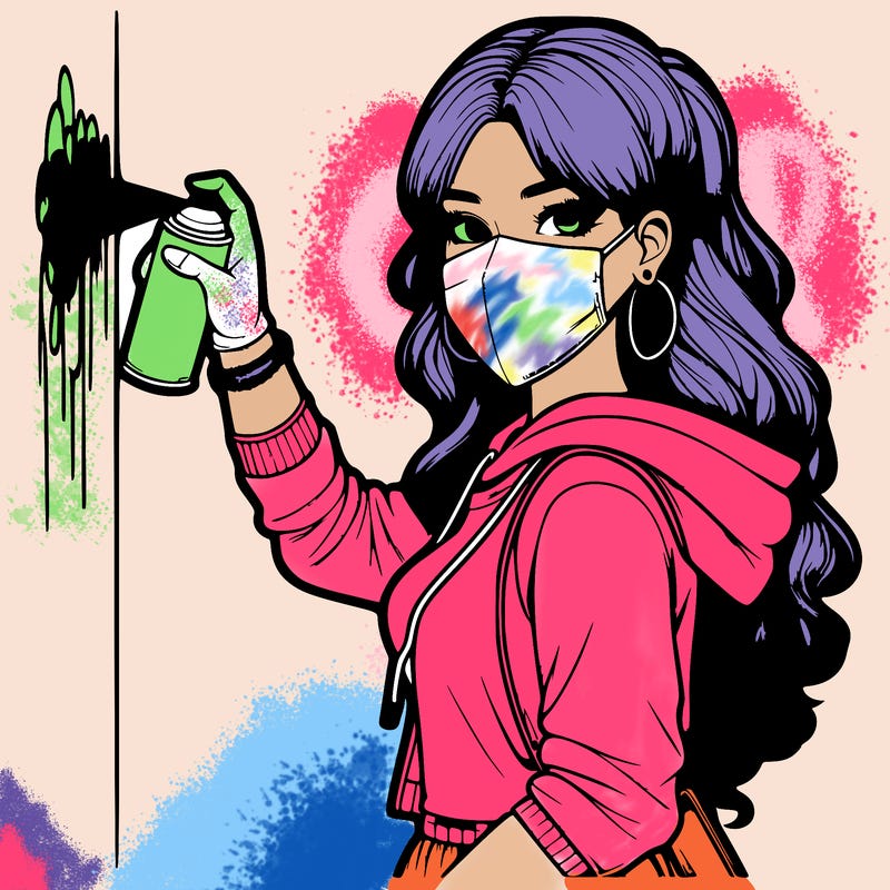 realistic girl with mask spray painting a wall